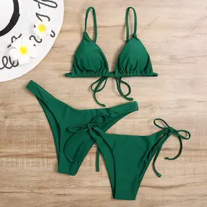 Sexy 3 Piece Bikini Set Women Solid Blue Purple Push Up Bandage Triangle Swimsuit Beach Bathing Suit Swumwear Bikini