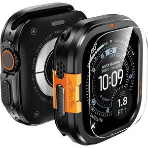 3 in 1 Metal Case for Apple Watch Ultra 3 /Ultra 2 /Ultra Screen Protector 49mm, Stainless Steel Protective Bumper, Hard PC Back Cover and 9H Tempered Glass Film for iWatch Ultra - Black