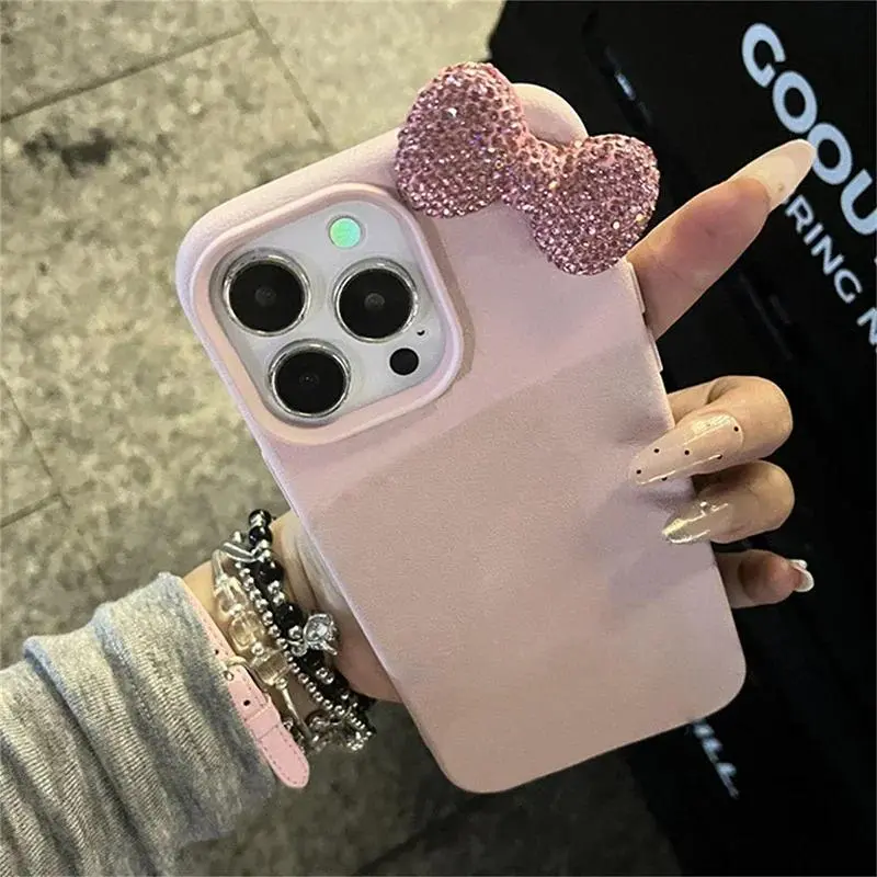 Luxury Rhinestone Bow Litchi-Pattern Leather Phone Case for iPhone 11, 12, 13, 14, 15, 16 Pro Max, X, XS, and XR, Shockproof Protective Soft Cover, Mobile Phone Casing, Casing Accessories