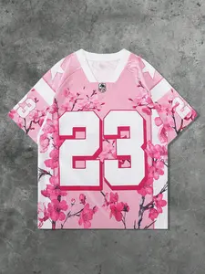 2026 New Aesthetic Pink Cherry Blossom Basketball Jersey - Oversized V-Neck Streetwear Graphic Tee with Number 23 & Sakura Print - Retro Soft Grunge Fashion Top for Men Women - Romantic Street Style Spring Apparel Sport Top Sports Top Sports Clothing