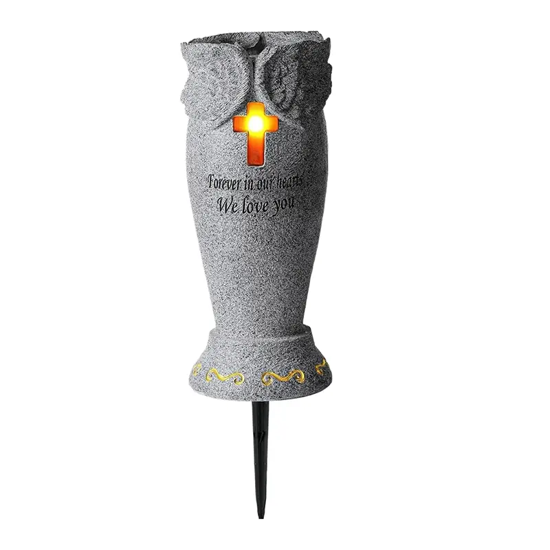 1 Piece Geometric Cylindrical Decor Cemetery Vase for Graves - 5x5x9 in Resin Grave Flower Holder with Ground Spikes, Cross Light, Engraved Lettering, Box for Fresh/Artificial Flowers, 9.45" Tall
