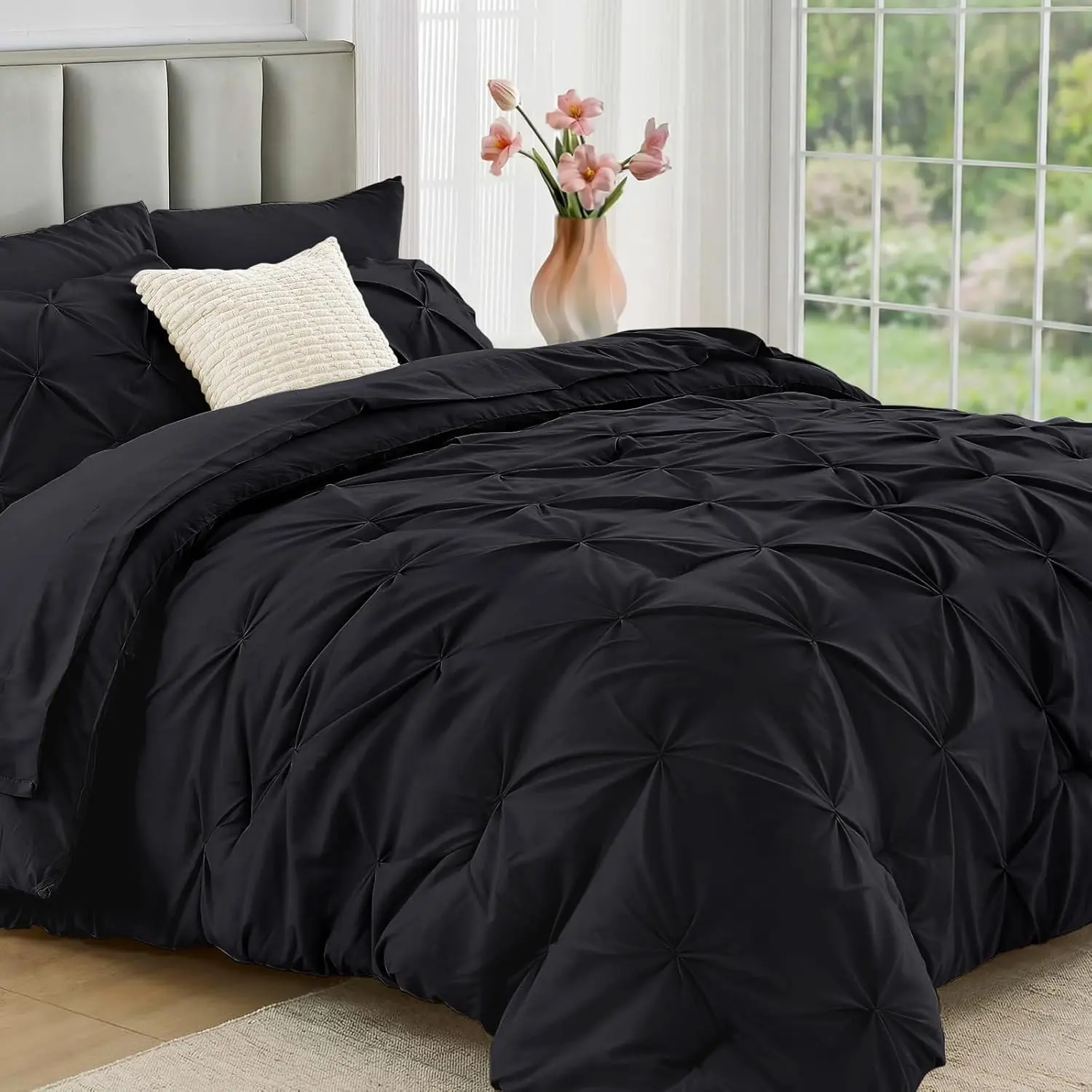 JOLLYVOGUE Black Queen Comforter Set 7 Pieces - Bed in a Bag for All Season, Breathable & Lightweight, Pintuck Bedding Sets with Comforter, Flat Sheet, Fitted Sheet and Pillowcases Shams #Summervibes Quilt Sets Microfiber Bed Set