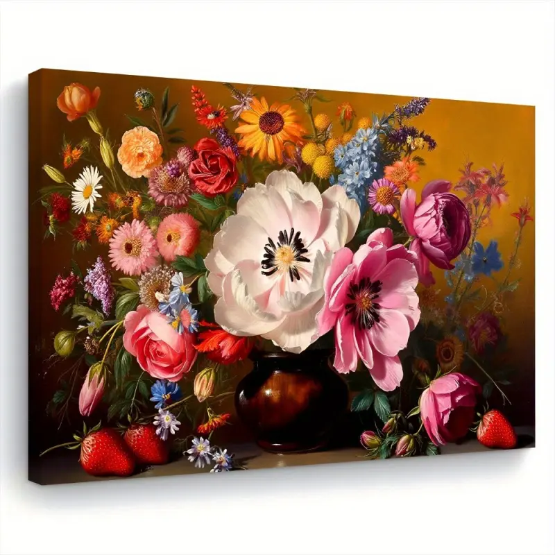 [2D Flat] 1 Piece Vibrant Bouquet Canvas Painting, - Wooden Frame Wall Art, Home Wall Decor, with Strawberries, Ready to Hang, Suitable for Living Room, Bedroom, Kitchen Decoration - Perfect Gift for Her or Him, Wall Art, Suitable for Room Decoration