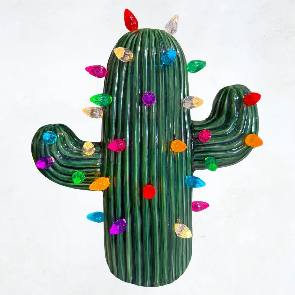 Medium Lighted Ceramic Cactus Tree by Brush Strokes Pottery - Vintage Christmas Home Decor Accent