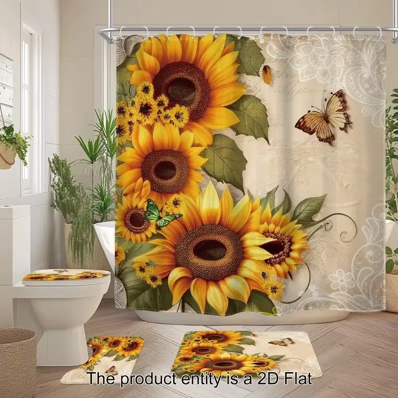 1/4pcs Retro Sunflower Theme Shower Curtain Set, includes non-slip mat, U-shaped rug, and toilet seat cover, perfect for bathroom decoration, comes with 12 shower curtain hooks, Bathroom Decoration Accessories, Bathroom Supplies, Bathroom Accessory