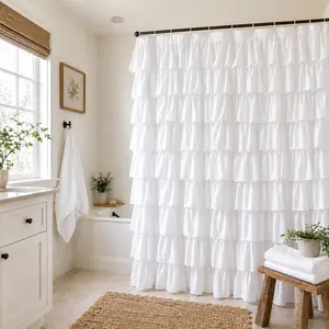 White Ruffle Shower Curtain Farmhouse Cloth Bathroom 72 x 72 Inches Double Layer Fabric Soft Feel Fashion Not See Through