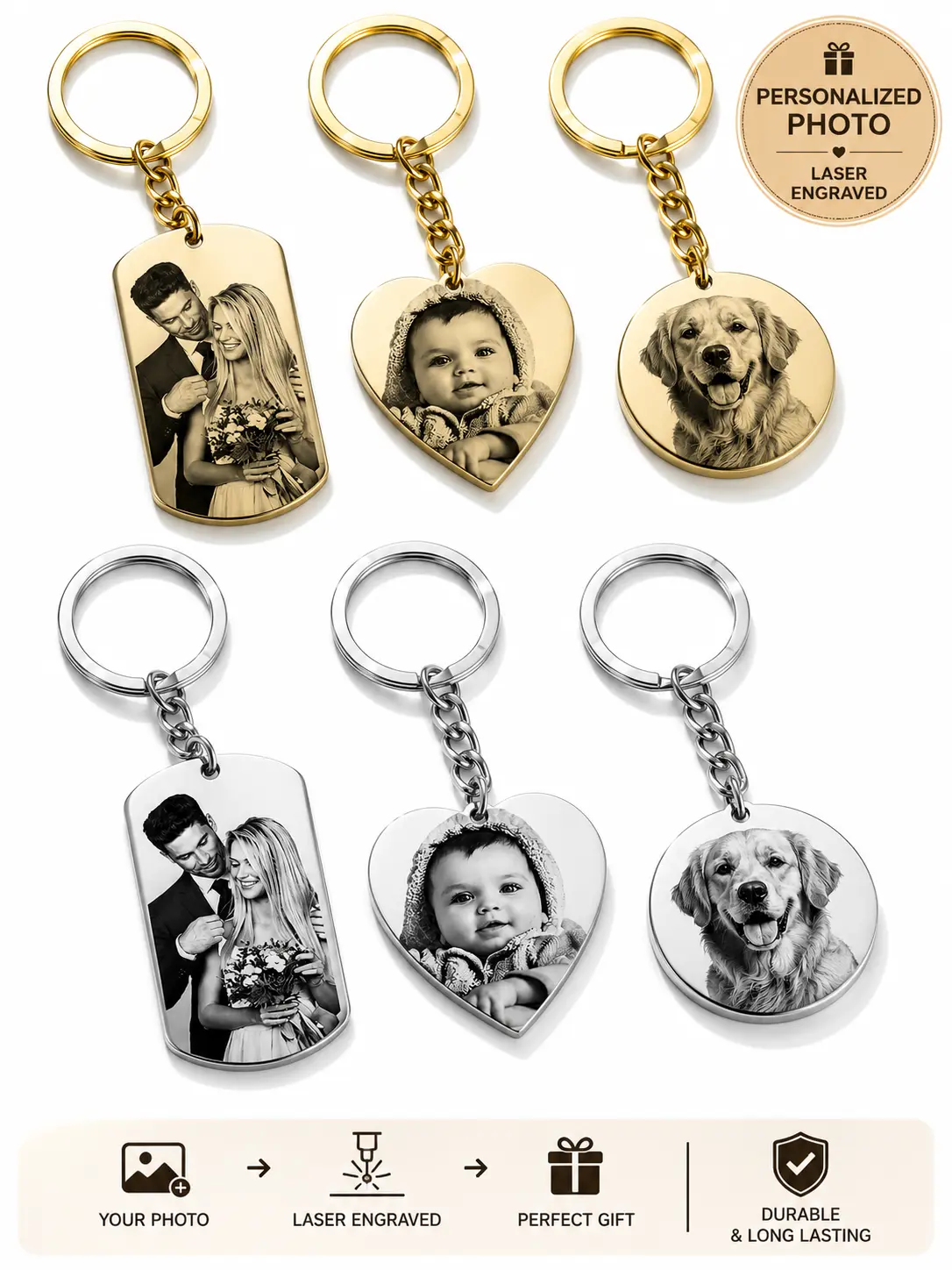 Personalized Photo Keychain Custom Laser Engraved Stainless Steel Picture Keychain Custom Photo Gift for Couples Family Pets Memorial Anniversary Birthday