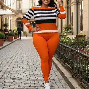 2 piece sets  Plus Size Women's Striped Two-piece Set Round-neck Long-sleeved Top & Straight-leg Trousers Comfortable Stylish Clothing Pants Butterfly