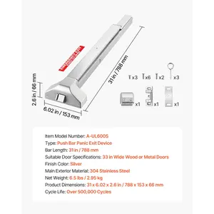 VEVOR Push Bar Panic Exit Device, 31 Stainless Steel Commercial Panic Bar for Exit Doors, Emergency Exit Door Hardware with Dual Locking Bolt and Sticker, for 31-46 Wood or Metal Door, Silver
