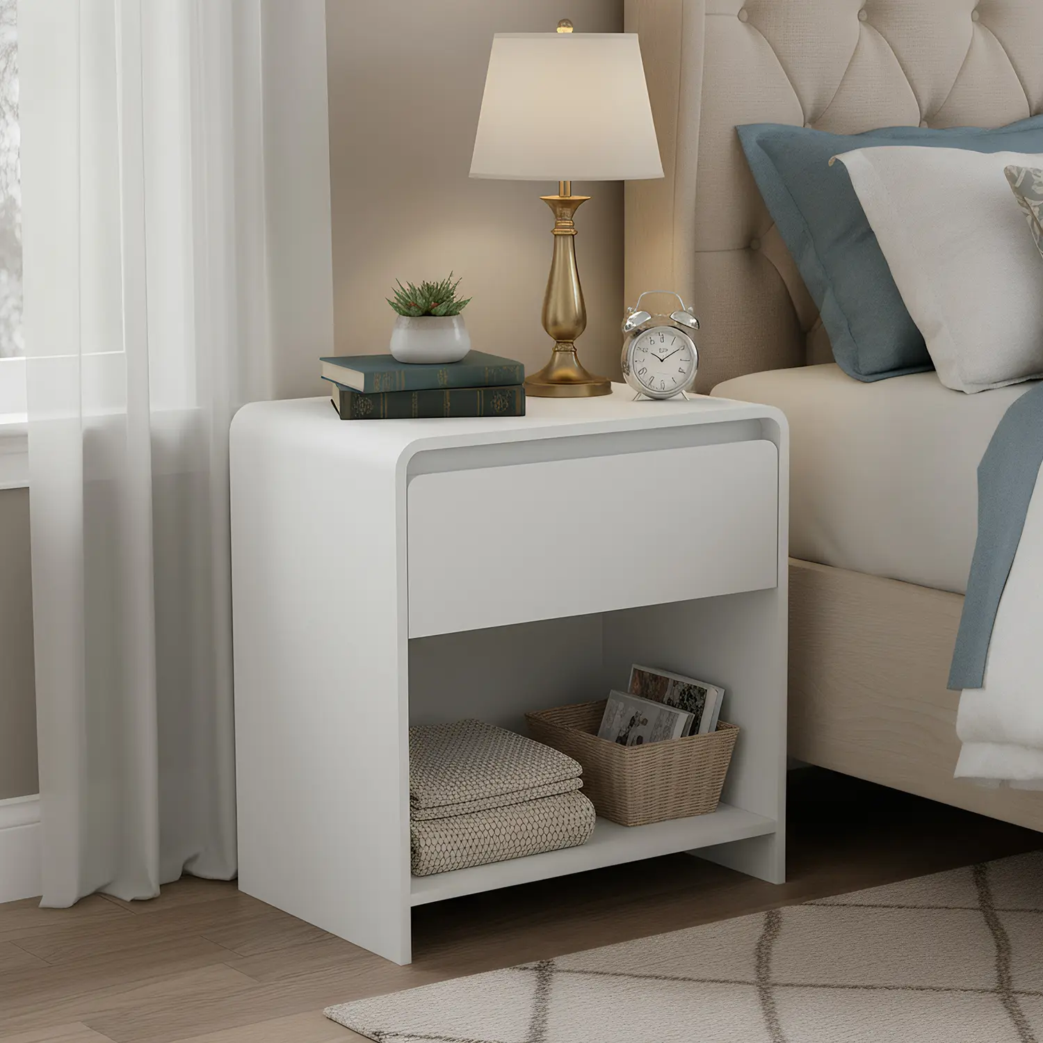 Spaco Modern Nightstand with Charging Station - 23" Width Minimalist Casual Rectangle Pedestal Wood End Table, Child-Friendly Curved Dual-Use Drawer & Open Shelf Dual Storage, Modern Accent Table for Small Spaces Dorm Room Ideas, White Indoor Furniture, M