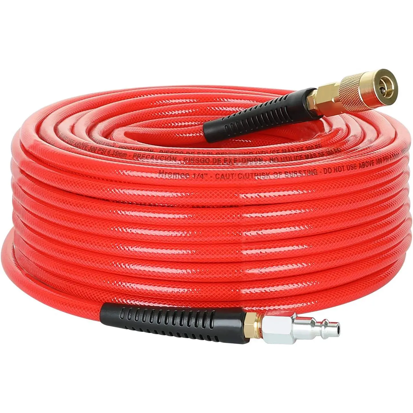 Heavy Duty Polyurethane Air Compressor Flex Hose - 1/4" x 100 ft, 300 psi, Abrasion & Grease Resistant, Easy to Carry, Bend Resist., 1/4" MNPT Swivel, Industrial Quick Coupler Plug Kit, Ideal for Garages, Indoor Work, Year Round Home Supplies