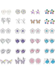 Mother's Day Gift 24 Pairs 925 Sterling Silver Stud Earring Pack Set for Women Girls Cubic Zirconia Earring Pearl Crystal Round Heart CZ Floral Stud Earrings Flower Butterfly Jewelry Studs Earrings