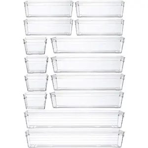 14 Pcs Drawer Organizer Storage Trays For Makeup, Kitchen, Bedroom, Office, Desk, Versatile Plastic Clear Drawer Organizer. Boxes Multi Compartment Design