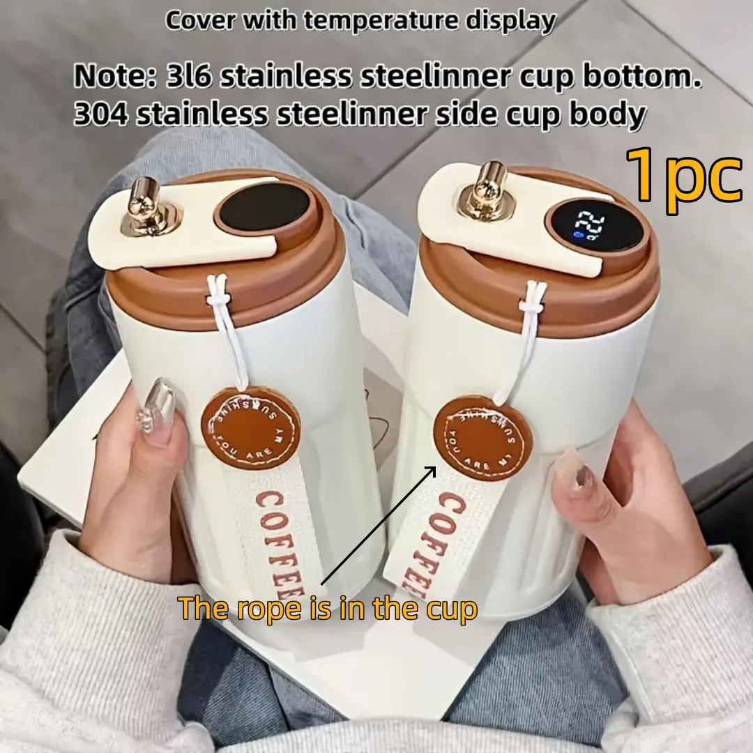 Temperature Display Insulated Mug, Portable Coffee Thermos Vacuum Insulated Bottle with Strap, Sports Water Bottle, Valentine's Day Gift, Tumbler, Insulated Drinkware