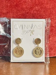 Canvas Style Gold Tone Crown & Shield Coin Dangle Post Earrings – NIP