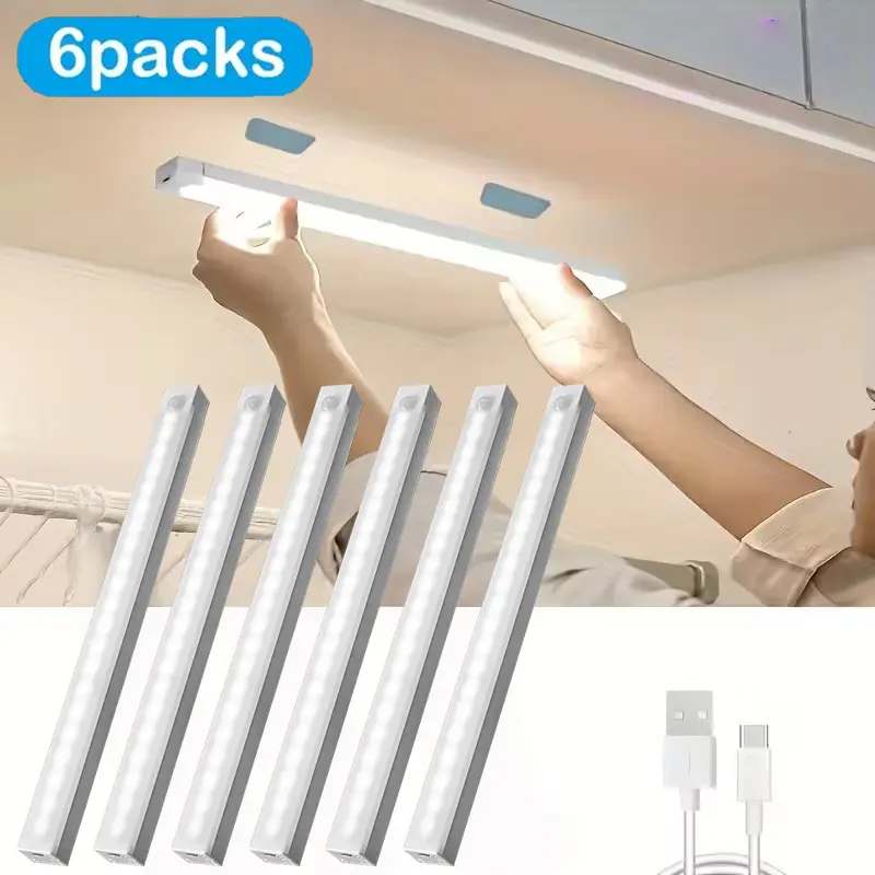 6-Piece Rechargeable USB Motion Sensor Decorative Night Light, Wireless LED Strip Lights for Bedroom Kitchen Cabinets Closets Stairs Hallway, Home Decor Lighting, Ambient Decor Lighting, Indoor Lighting, LED Light Strips, Automatic Closet Light