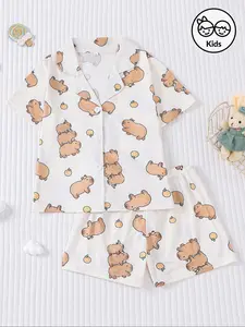 Cute Capybara Print Kids Pajama Set, Fire-Resistant Fabric, Short Sleeve Button-Up Top & Elastic Shorts, All Seasons Wearable Sleepwear, Cartoon Print Pajamas
