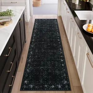 Vintage Black Floral Ornate Long Runner Rug - Anti-Slip Decorated Mat-Style Hardwood Floor Runner, Washable Home Decoration for Living Room, Entryway, Anti-Slip Mat Runners, Decorated Runners