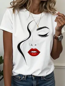 SHEIN Essnce 1pc Women Casual Line Face Print Short Sleeve Round Neck T-Shirt, Spring & Summer