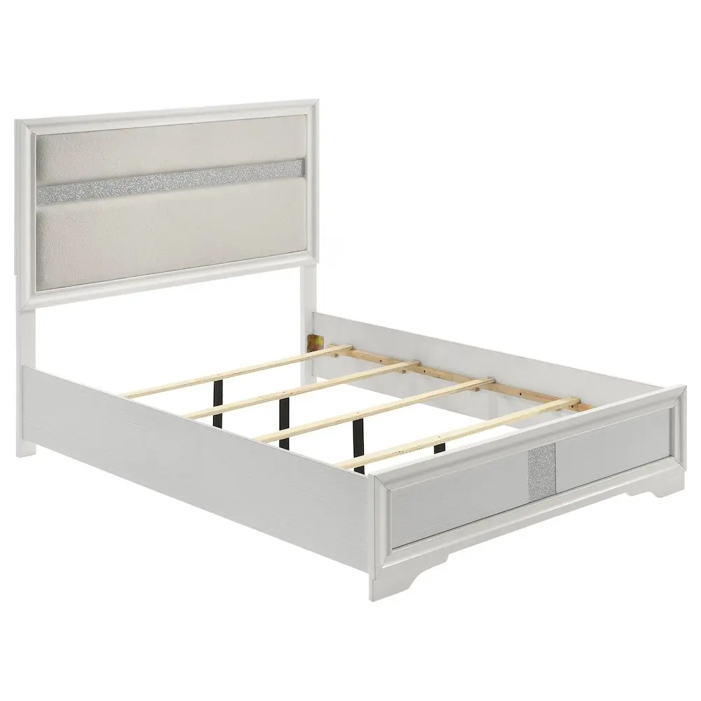 Miranda 54-in Glam Upholstered Full Panel Bed - White, Glitter Horizontal Stripes, Padded Fabric, Molded Trim, Slatted Base, Modern Bedroom Furniture, Horizontal Stripe