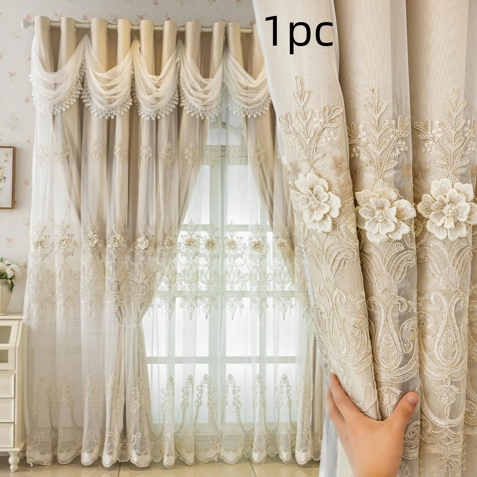 1pc European Luxury Embroidered Double Layer 100% Blackout Curtain, with water wave curtain top, UV blocking,UV Protection, Privacy, Bedroom Living Room Home Decoration Curtain, Insulation Sunscreen, Blackout Window Cover, Curtains Black Out