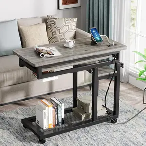 LITTLE TREE Small Portable Desk with Power Outlet, Height Adjustable Sofa Couch Bedside Laptop Table with Wheels, Mobile Standing Desk Rolling Computer Cart C Side Table with USB Ports
