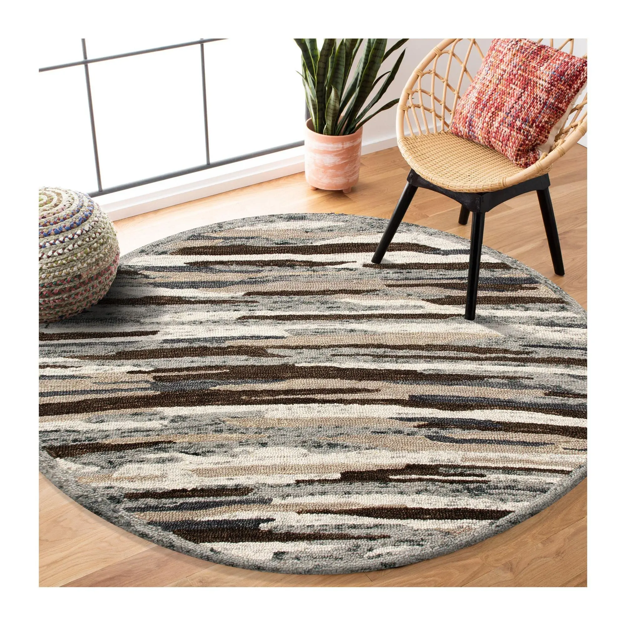 Ox Bay Modern Striped Hand-Tufted Wool Indoor Rug, 4' Round