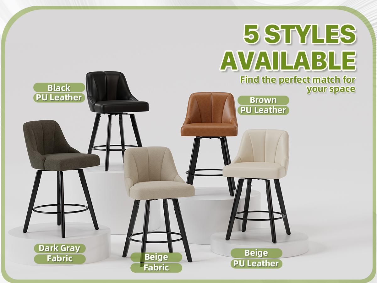 25" Swivel Bar Stools Set of 3 PU Leather Counter Height Bar Stools with Back, Fabric Swivel Counter Stool with Wooden Legs & Metal Footrest, Upholstered Bar Chairs for Kitchen Island, Bar, 350Lbs