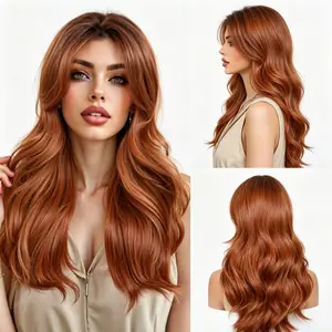 Ginger Auburn Copper Long Body Wave Wigs for Women Heat Resistant Fiber Glueless Replacement Wig Natural Wavy Hair Natural Full Head Wig With Bangs for Ladies Daily Party Use Ready to Wear Begineer Friendly
