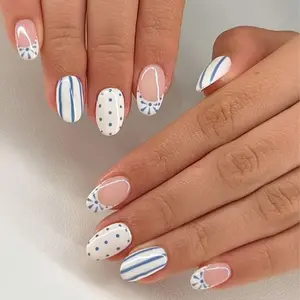 24pcs Short Oval Striped Cartoon Polka Dot Design Acrylic False Nails Set, Nail Kit, Glossy Finish, Perfect Fit, French Style for Women and Girls