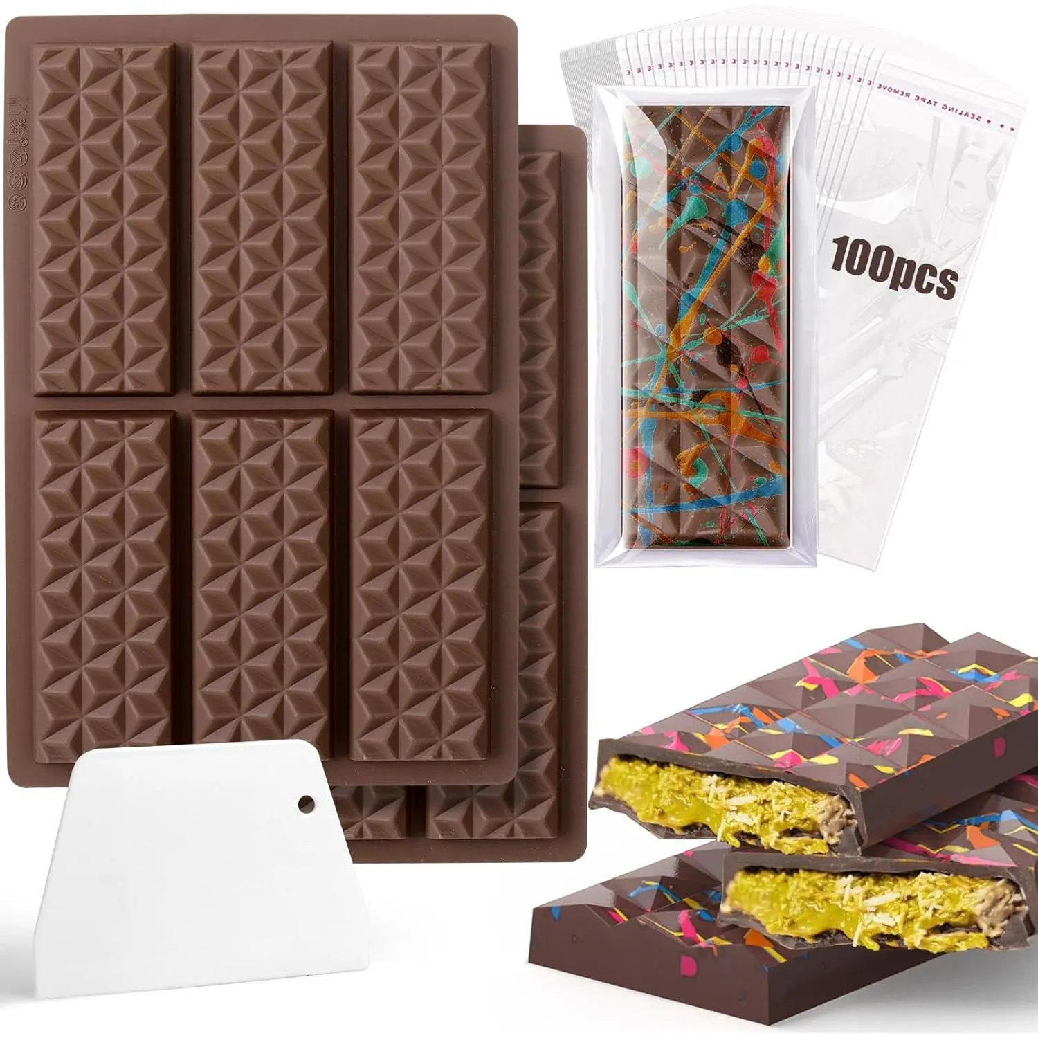 [Excluding Chocolate] 12 Cavities Chocolate Bar Mold Deep with Bags Scraper,Thick Chocolate Bar Mold for Stuffed Bar,Silicone Chocolate Mold for Filling Pistachio Chocolate Bar(Diamond)