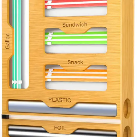 Kitchen 6-in-1 Organizer Storage Solution - Fridge & Drawer Storage Organization Tool with Ziplock Holder, Foil & Plastic Wrap Dispenser, Built-in Cutter (Fits Gal, Qt, Sandwich, Snack Containers)
