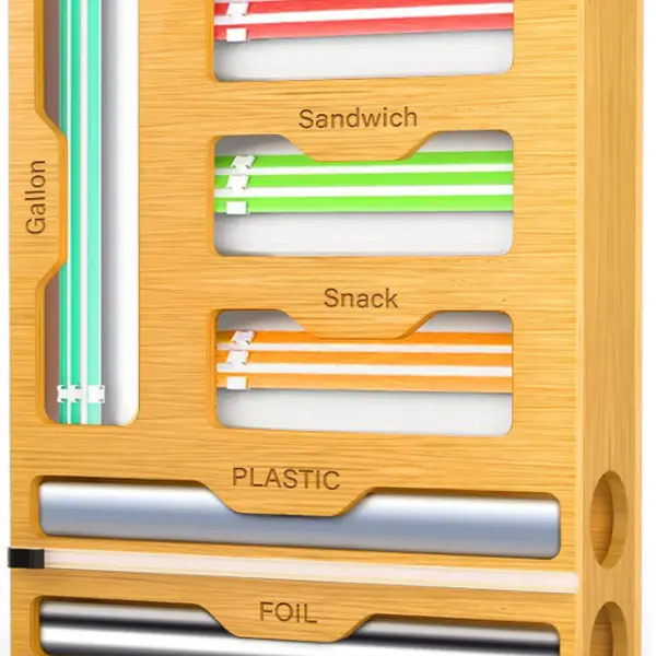 Kitchen 6-in-1 Organizer Storage Solution - Fridge & Drawer Storage Organization Tool with Ziplock Holder, Foil & Plastic Wrap Dispenser, Built-in Cutter (Fits Gal, Qt, Sandwich, Snack Containers)