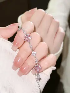 Dainty Pink Cherry Blossom Rhinestone Trendy Bangle Bracelet, Cute Everyday Wear & Perfect Gift for Her