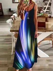 Summer Plus Size New Colorful Halter Long Dress, Creative Loose Waist Digital Print Elegant Chic Dress, Women's Fashionable Summer Casual Wear