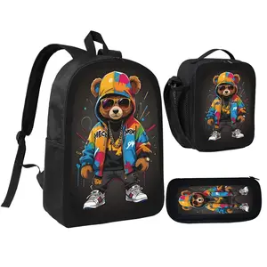Cartoon bear backpack with built-in lunchbox and pencil case, a 3-in-1 design suitable for boys, girls, and teenagers. Lightweight and spacious, with adjustable shoulder straps and a comfortable mesh back pad.