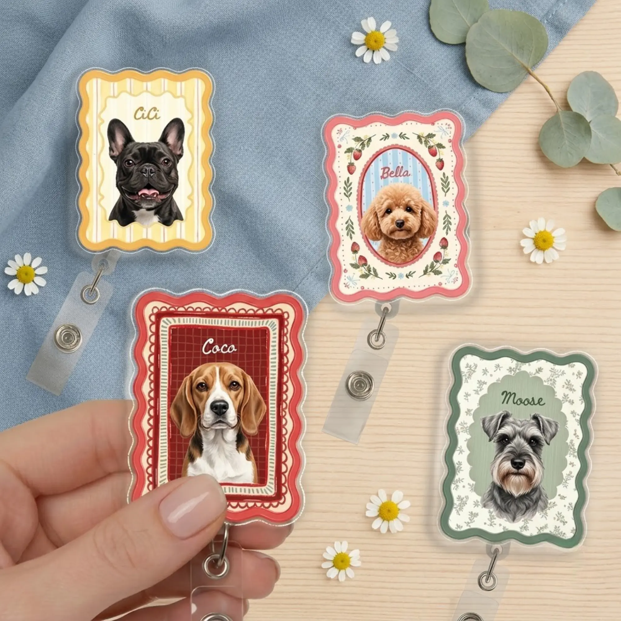 Custom Dog Portrait Badge Reel, Personalized Pet Name Acrylic ID Clip, Retro Scalloped Frame, Vet Tech Groomer Work Accessory Gift