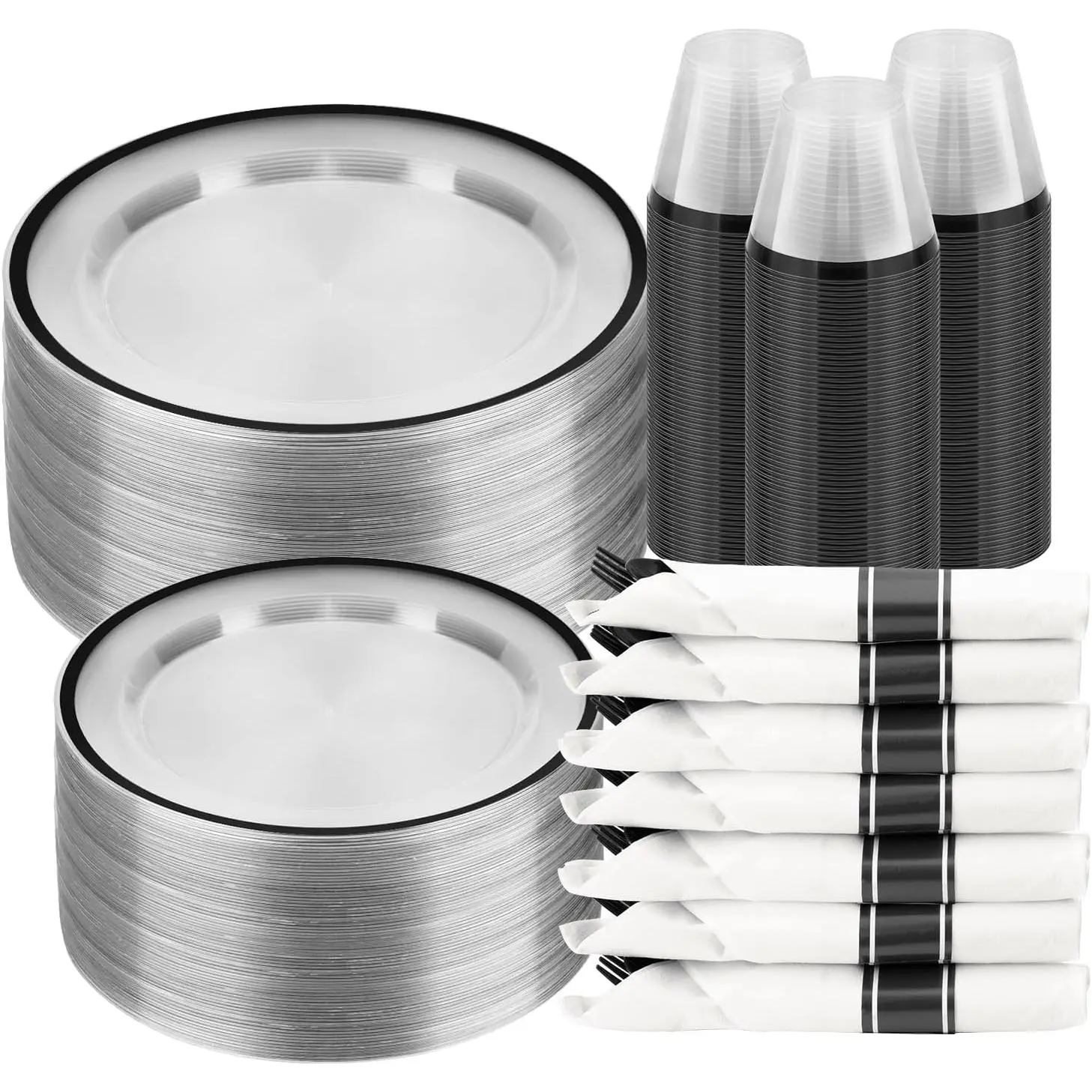 350PCS Striped Food Grade Plastic Disposable Tableware Set - Party Supplies with 50 Cups, 50 Pre-Rolled Napkins, 150 Cutlery, Elegant Plates, Food-Safe, Leak-Proof for Events