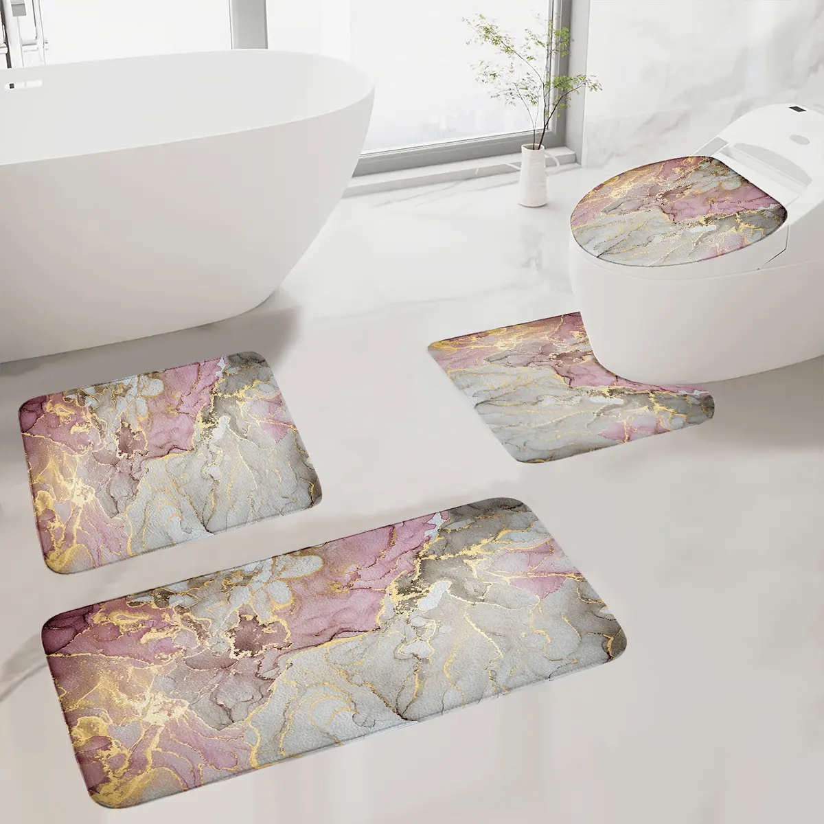 4pcs/ Set Marble Textured Printed Bathroom Protective Pad Set, Non-slip Bathroom Mat, Flannel Bathroom Mat, Bathroom Floor Mat, Toilet Mat Universal Soft Comfortable, Home Decoration, Winter Decoration