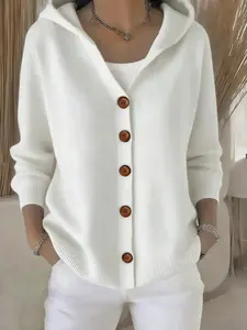 Women's Hooded Button Knit Cardigan, Soft Hood Design, Long Sleeve Open Front Fitted Sweater, Elegant Versatile Knitwear for Spring Fall Winter
