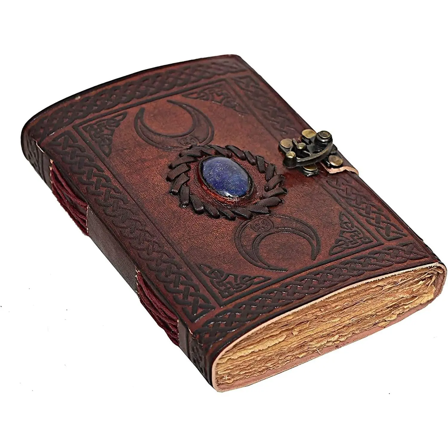 3 Moon Embossed Design Leather Journal - Medieval Style, Antique Deckle Edge Paper (63 Sheets/126 Pages), Antique Brass Lock, Blue Lapis Embossed Cover, 6x8in Brown Leather Notebook for Sketching & Drawing