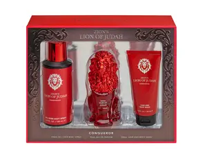 LION OF JUDAH | Conqueror 3PC Box Set for Men - 3oz EDP Spray, 5oz Deodorant Spray & Hair & Body Wash - Bold Masculine Fragrance with Woody & Spicy Notes - Long-Lasting All-Day Scent | Ideal for Everyday, Gym, or Special Occasions