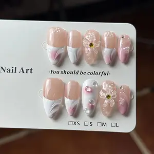 10pcs high-end Gentle and elegant style, hand-painted leopard print, flowers, and sparkling sapphire handmade French Tip Nails