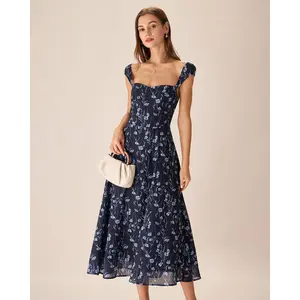 rihoas Women's Navy Floral Print Cap-Sleeve Polyester Casual Midi Dress, Sweetheart Neck Womens Dress, Womens Dresses,summeroutfits,vacationoutfits,beachoutfits