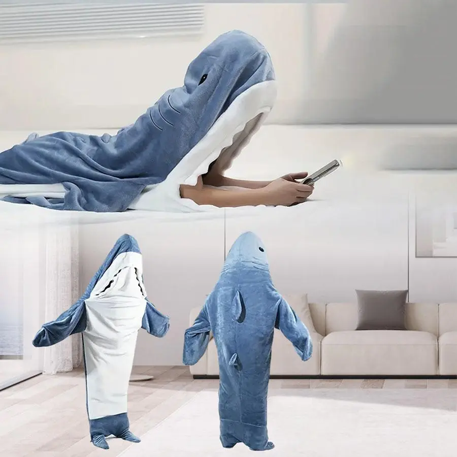 Cartoon Shark Sleep Bag Animal Onesie Flannel Shark Home Wear Loungewear Blue, Comfortable Loose Oversized All-In-One Pajamas for Kids & Adults, Nightwear, Homewear, Sleeping Bag
