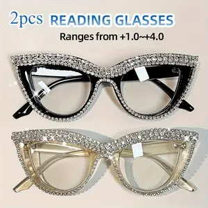 2-Pack Cat-Eye Blue Light Blocking Reading Glasses for Women | Rhinestone Decor PC Frames | Versatile for Home Office & Party Wear | A great holiday gift for  girlfriend/mother