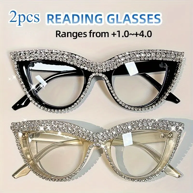 2-Pack Cat-Eye Blue Light Blocking Reading Glasses for Women | Rhinestone Decor PC Frames | Versatile for Home Office & Party Wear | A great holiday gift for  girlfriend/mother