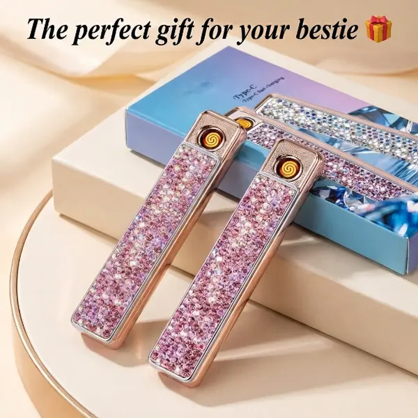 Reusable Electronic Lighter - Windproof Flameless Type-C Rechargeable, Pull-Out Ignition, Thick Tungsten, Single-Sided Rhinestone Metal Decorative Kitchen Fire Starter Utensil (1pc), Gifts for Women, Lighters Novelty Outdoor Accessory