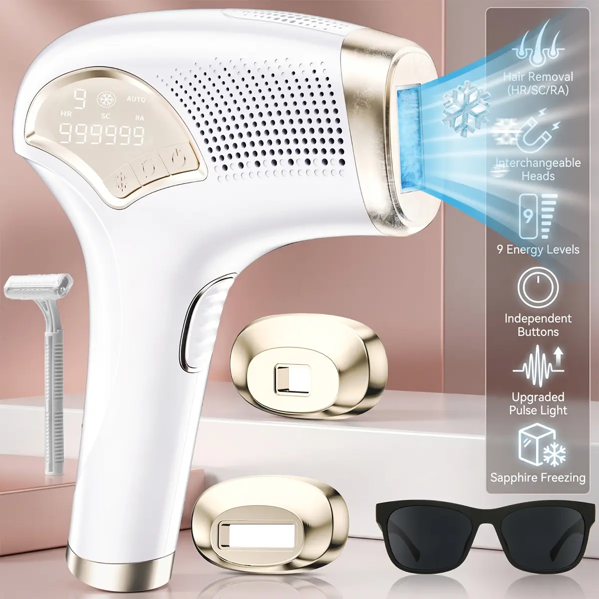 【Summerfinds】Home IPL Hair Removal Device for Women, 2-in-1 Replaceable Lamp Heads, Painless Permanent Hair Removal for Face, Bikini, Underarms & Legs