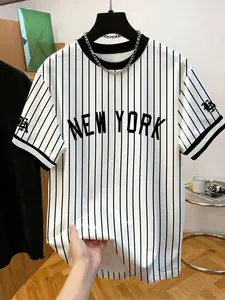 Men's Summer Striped Baseball T-Shirt, American Vintage Street Style Round Neck Short Sleeve, Casual Daily Wear Sportswear